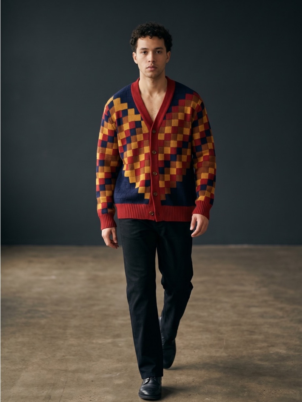 Men's Multicolor Geometric Button Cardigan - Red, Navy & Mustard - Picture 4 of 6